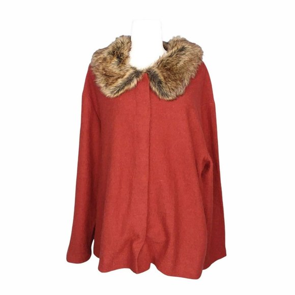 Evan-Picone Women's 100% Wool Faux Fur Collar Jacket Rust Red Button Plus 2X - Picture 1 of 11